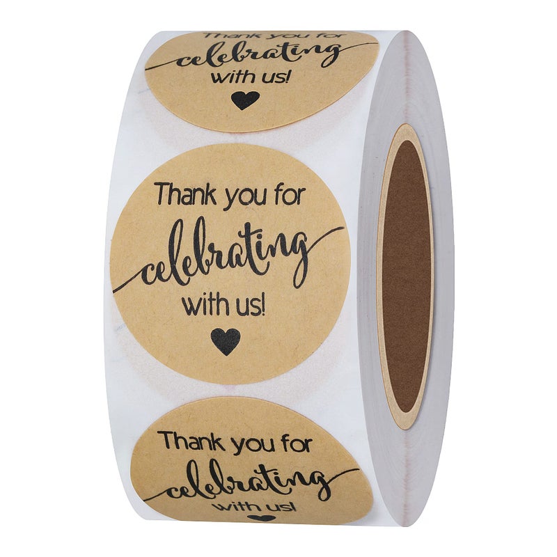 Hybsk 500pcs Thank You for Celebrating with Us with Heart Stickers 1.5" Kraft Labels for Weddings Anniversaries Party (Type 3(Kraft)) - Image 1